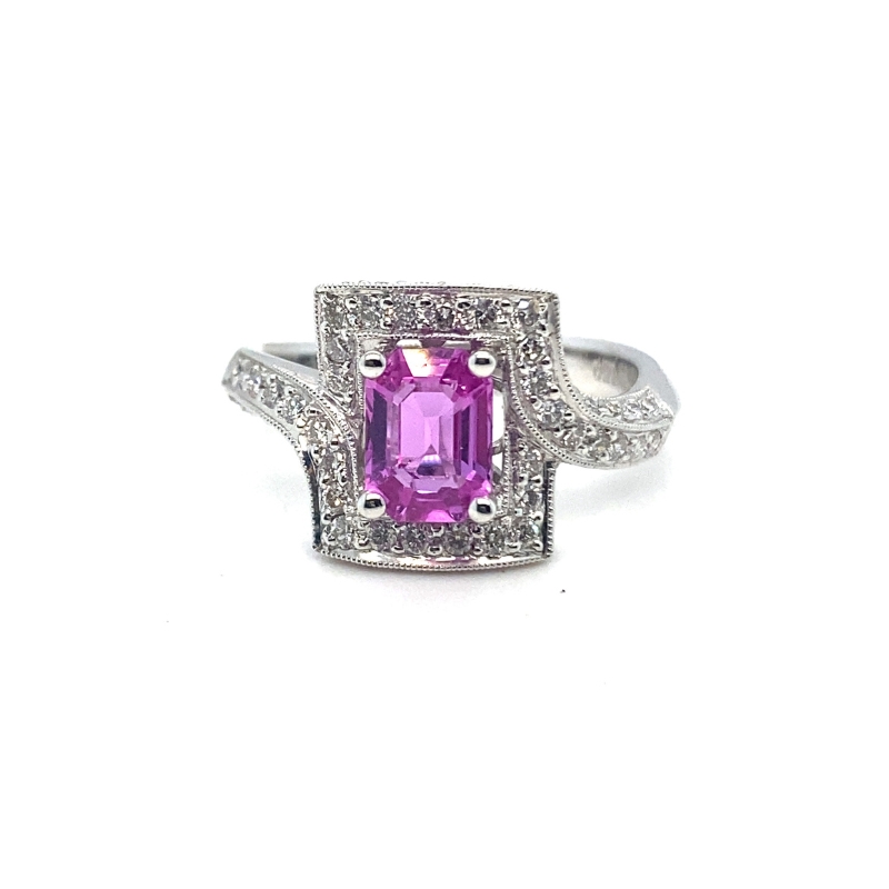 EC Pink Sapphire and Diamond Crossover Halo Ring | Metals in Time